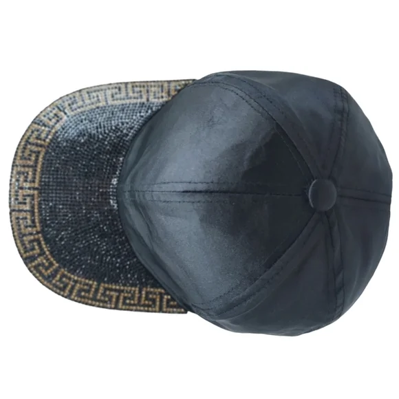 Vera New York Women Black Satin Embellished Gold Greek Key Cap Hat NWOT NEW - Picture 3 of 9